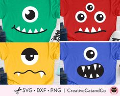 four different colored t - shirts with monster faces on them, one is green and the other is red