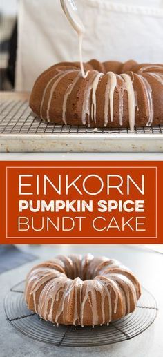 a pumpkin spice bundt cake with icing being drizzled on top