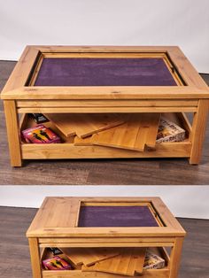 two pictures of a coffee table with purple felt in the top and bottom drawers on each side