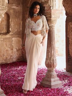 Sheer Prom Dress, Blouses For Saree, Georgette Jacket, Ivory Drapes, Indowestern Dresses, Skirt And Jacket Set, Sangeet Outfit, Skirt And Jacket