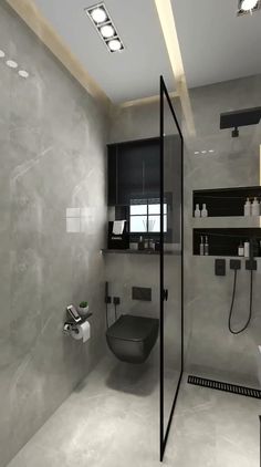 a modern bathroom with black and white fixtures