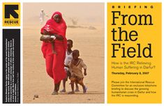 a woman in red is walking with two children and an ad for relief from the field