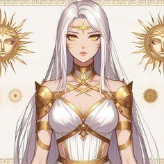 a woman with white hair and gold armor standing in front of two sun shaped objects