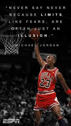 michael jordan dunking the basketball in front of an audience with a quote on it