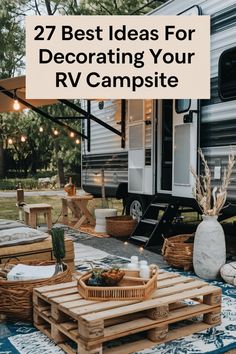 Plain camping setups can make your outdoor experience feel lackluster and missing that special touch of personality. These 27 incredible campsite decorating ideas range from practical to whimsical, helping you create an enchanting outdoor space. Pin these camping decoration inspirations now to level up your next camping trip! Permanent Camping Site Ideas, Rv Set Up Outside, Rv Outdoor Decorating, Beach Camping Aesthetic, Seasonal Campsite Ideas, Campsite Decorating Ideas, Camping Decorating Ideas, Campsite Decorating, Campsite Setup