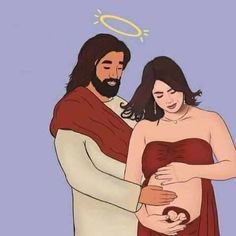 a drawing of jesus holding a pregnant woman