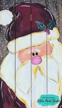 a painting of a santa clause with holly on it's head and nose, painted on wood planks