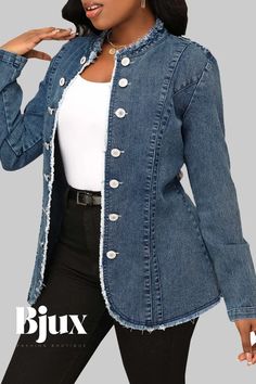 Bjux - Urban Chic Belted Denim Jacket with Cardigan Collar and Mid-Waist Design Denim Street Style, Long Sleeve Suit, Long Sleeve Denim Jacket, Two Piece Jumpsuit, Classic Denim Jacket, Denim Style, Urban Chic, Olivia Mark, Swimwear Tops