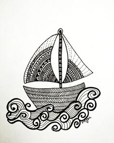 a black and white drawing of a sailboat in the ocean with waves on it