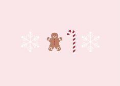 a gingerbread christmas card with candy canes and snowflakes on pink background