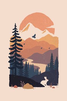 an image of mountains and trees with birds flying over them