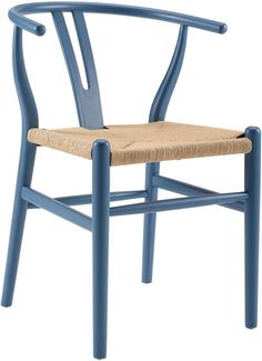 a blue wooden chair with a woven seat