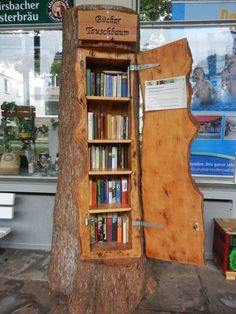 a book shelf made out of a tree trunk