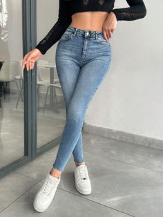 Women's High Waisted Pockets Metal Decor Casual Versatile Denim Jeans Medium Wash Casual   Denim Plain Skinny Slight Stretch  Women Clothing, size features are:Bust: ,Length: ,Sleeve Length: Long Sleeve Embroidered Dress, Jean Bleu, Fitted Coat, Dress Shirt Sleeves, Tie Dye Hoodie, Women Denim Jeans, Denim Flares, Casual Denim, Metal Decor