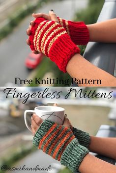 a woman holding a coffee cup while wearing knitted fingerless mittens with text overlay that reads, free knitting pattern