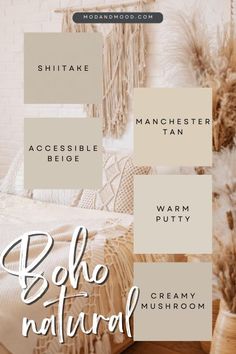 an image of a bedroom with neutral colors and text overlaying the words boho natural