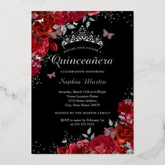 a black and red quinceauera birthday party card with roses, butterflies and glitter