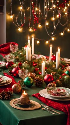 a christmas table setting with candles, plates and napkins on top of the table