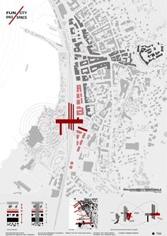 a map with red lines on it and some buildings in the background, as well as other