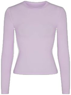 Fitted Long Sleeve Purple T-shirt, Purple Stretch Crew Neck Top, Snug Fit Long Sleeve Elastane Tops, Fitted Elastane Tops For Athleisure, Snug Fit Crew Neck Tops In Elastane, Purple Fitted Long Sleeve T-shirt, High Neck Athleisure Top, Sporty Solid Color High Neck Top, Athleisure Turtleneck Top