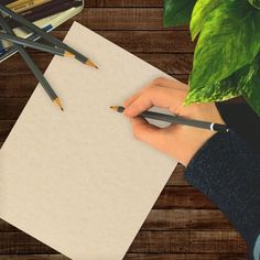 a person writing on a piece of paper with pencils next to it and a potted plant