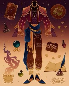 an image of a person in costume surrounded by other items and things that appear to be magic