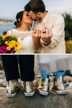 two pictures with the same person holding up their fingers and kissing each other, one is wearing gold shoes