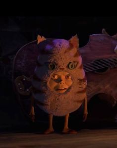 an animated character is standing in front of two guitars and one has his head turned to the side