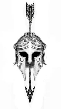 a drawing of a helmet with an arrow on it