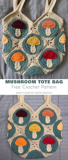 two crocheted purses with mushrooms on them, one is blue and the other has