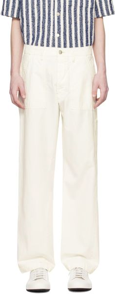 Sunflower: White Twist Work Trousers | SSENSE Twill Trousers, Work Trousers, Herringbone Pattern, Contrast Stitch, White Shop, Cotton Twill, Herringbone, Patch Logo, Sunflower