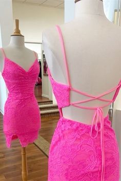 Barbie Pink Lace Strappy Bodycon Mini Dress Tight Hoco Dress, Fitted Homecoming Dresses, Mini Dress Hot, Birthday Girl Dress, Short Prom Dress, Lace Bodycon, Royal Blue Dresses, Barbie Dress, Red Mini Dress