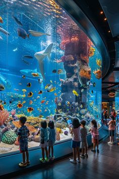 children looking at an aquarium with sharks and other marine creatures in it's display