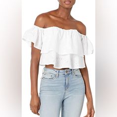 Nwt Size Small Off-The-Shoulder Neckline Flared Tiers Featuring Embroidered Trim Zipper And Hook And Eye Closure In Back Boning Lined 100% Cotton White Cropped Off-shoulder Top, White Cropped Off-shoulder Casual Top, White Off-shoulder Top For Summer, White Casual Cropped Off-shoulder Top, White Cropped Off-shoulder Top For Spring, Casual Spring Cropped Off-shoulder Top, White Short Sleeve Off-shoulder Top For Spring, White Off-shoulder Short Sleeve Top For Spring, White Off-shoulder Top With Short Sleeves For Spring