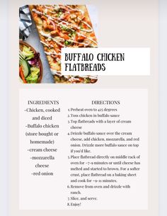 the recipe for buffalo chicken flatbreads is shown in an image above it's description