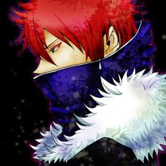 an anime character with red hair and white feathers on his chest, looking at the camera