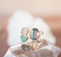 Gold Vermeil Ring * Labradorite * Moonstone * Aqua Chalcedony *Gemstones * Handmade *Statement* Natural * Adjustable* Gift for her BJR139 Magical Abilities, Psychic Powers, Opal Ring Gold, Aqua Chalcedony, Labradorite Ring, Favorite Rings, Metal Bands, Opal Rings, Psychic