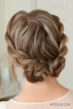 Double Twist Low Buns | MISSY SUE Formal Braid Medium Hair, Low Bridal Updo With Braid, Hair Styles In Summer, Medium Length Braided Updo, Low Braid Updo, Bridesmaid Hairstyles Low Bun With Braid, Double Braid Low Bun, Bridesmaid Hairstyles Short Hair Up Dos, Low Braided Updo