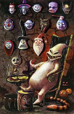 a painting of a pig sitting in a chair surrounded by halloween masks and other items