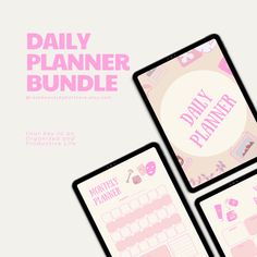 three ipads with daily planner on them and the text daily planner written in pink