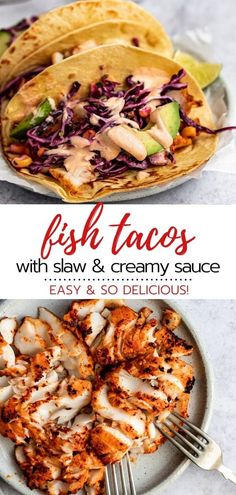 fish tacos with slaw and creamy sauce