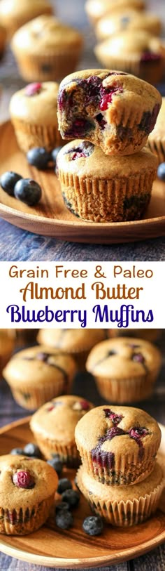 blueberry muffins are stacked on a plate with the title text overlay