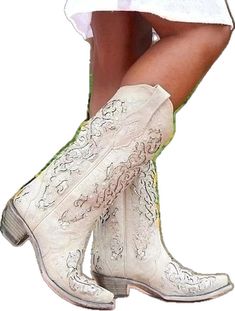 Embellished Festival Boots For Fall, White Rhinestone Boots For Fall, Embellished Festival Boots With Round Toe, White Embroidered Boots For Winter, Festival Embellished Boots With Round Toe, White Embellished Boots With Round Toe, White Rhinestone Boots For Spring, Western White Embellished Boots, White Embellished Spring Boots