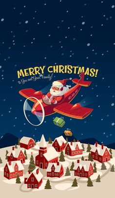 a christmas card with santa riding an airplane in the sky