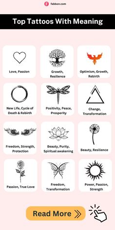 the top tattoos with meaning are shown in black and white, on a pink background