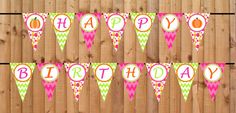 a happy birthday banner on a wooden fence with pink, green and orange decorations hanging from it