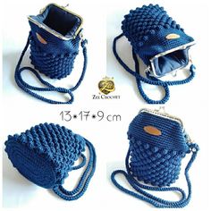 three pictures of blue crocheted purses with one holding a cell phone and the other carrying a wallet