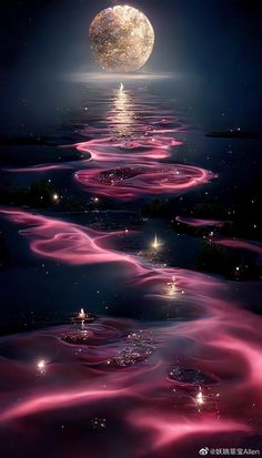 an image of water with pink swirls and stars in the sky at night time