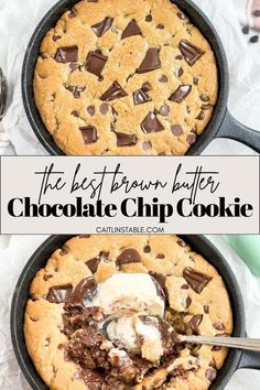 the best brown butter chocolate chip cookie in a cast iron skillet with ice cream on top