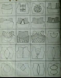 a bunch of different types of clothes on a piece of paper that is drawn in pencil